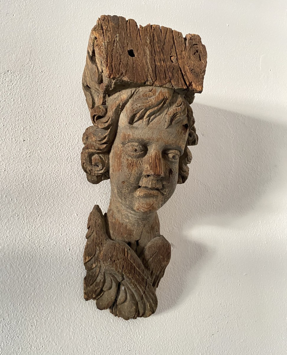 An Antique Wooden Angel Corbel, 16th Century-photo-2