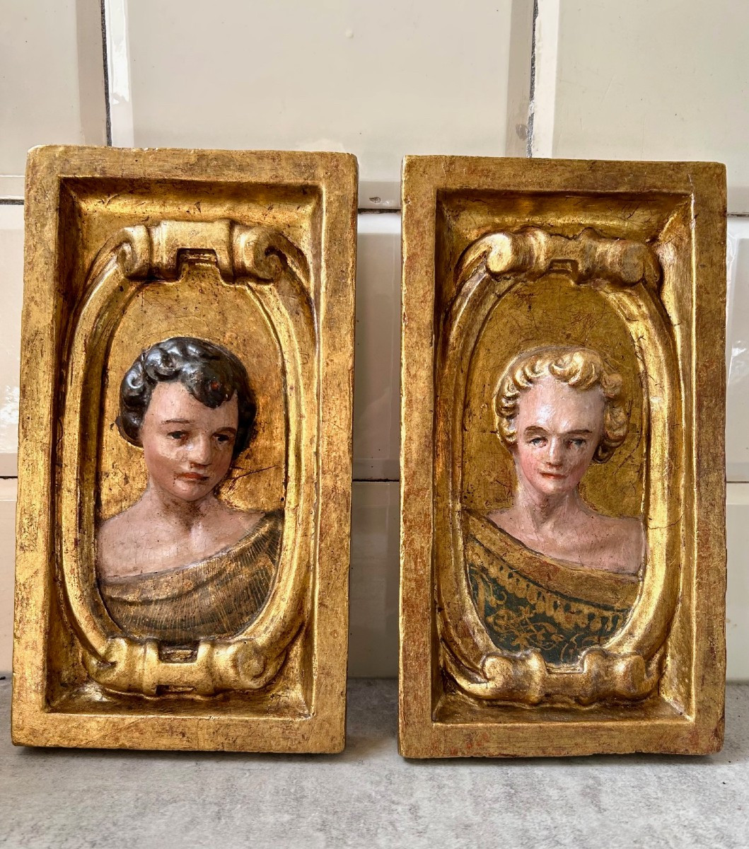 Two Polychrome Wooden Panels Depicting A Couple, 17th Century-photo-4
