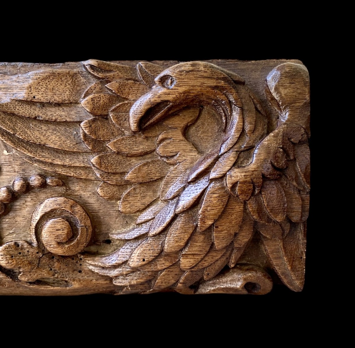17th Century Carved Oak Panel: Eagle And Flowers