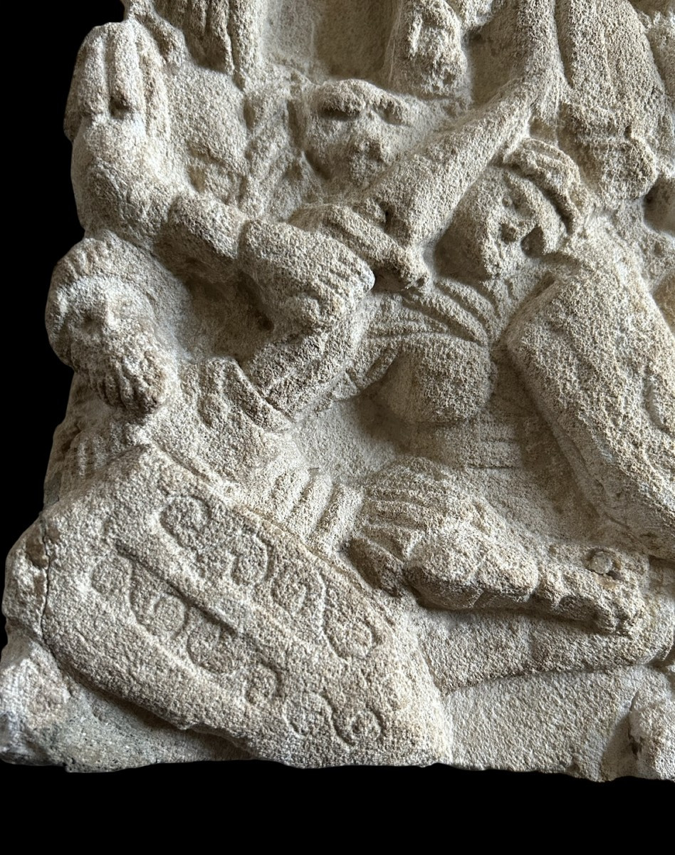 A French Fragment Of A Limestone Frieze With A Battle Scene, 12th-14th Century A.d.-photo-3