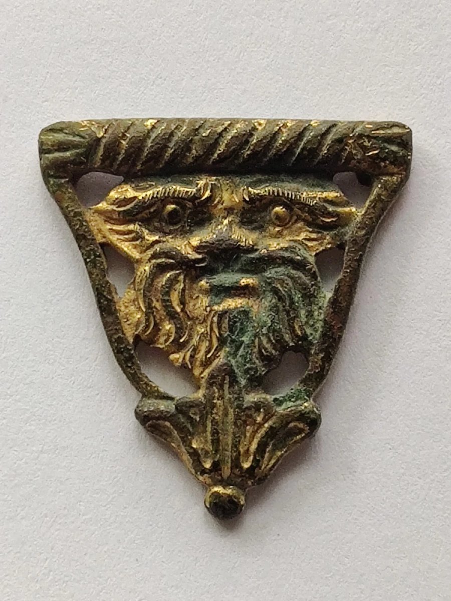 Applique Médiévale en Bronze Doré Représentant un Visage, XIVe-XVe Siècle-photo-2