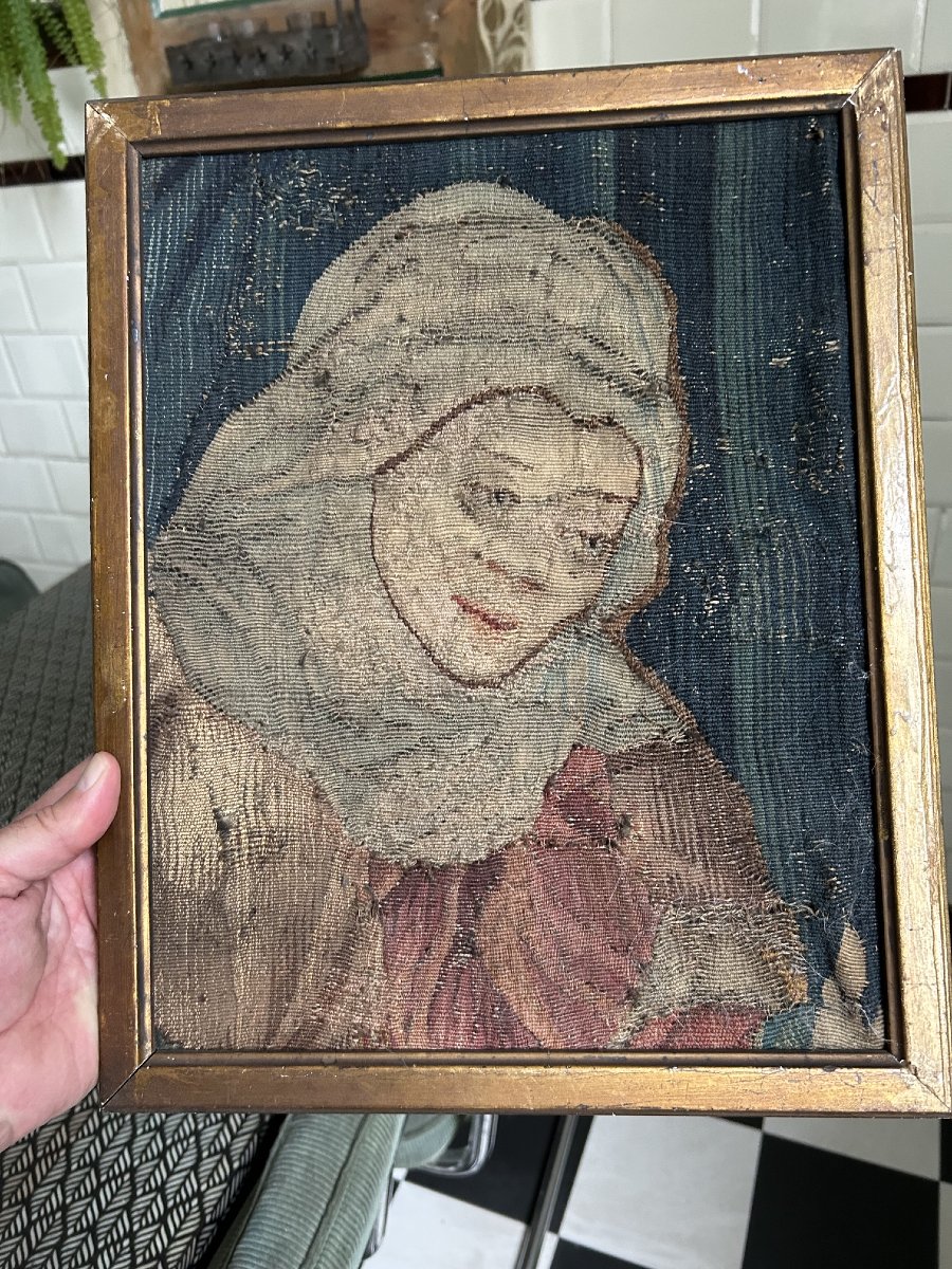 Portrait Féminin,Fragment de Tapisserie des Flandres XVIe Siecle-photo-3