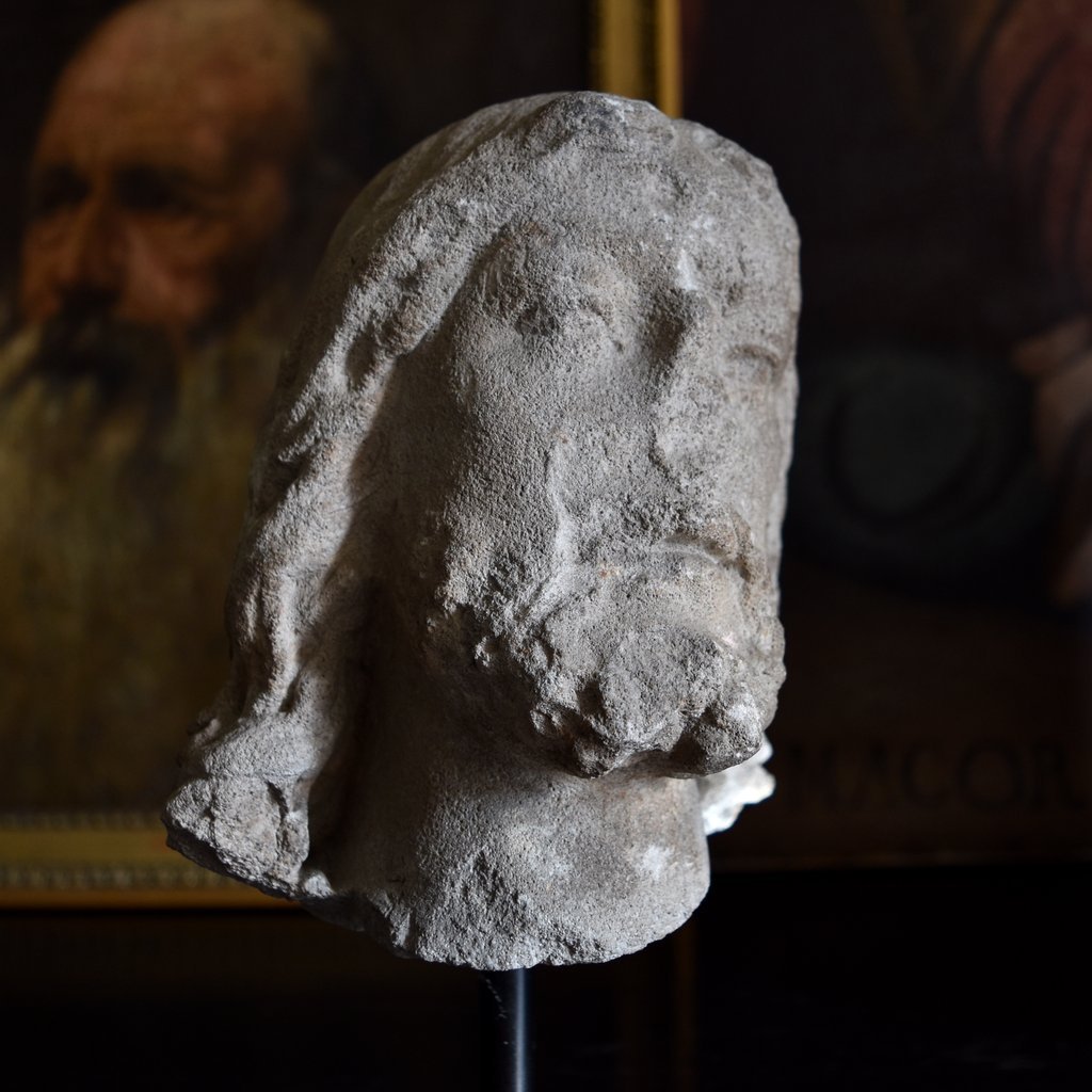 An Interesting Medieval Carved Stone Head-14th-15th Century-photo-3