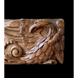 Panneau En Chêne Sculpté XVIIème : Aigle Et Fleurs