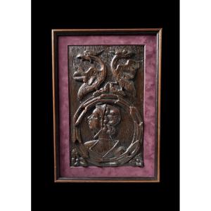 A Rare And Large 16th Century Carved Oak 'romayne' Profile Panel