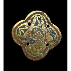 Large Quadrilobed Applique In Champlevé Enamel Depicting Saint Luke, Limoges, 13th Century