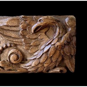 Panneau En Chêne Sculpté XVIIème : Aigle Et Fleurs, 17ème Siècle