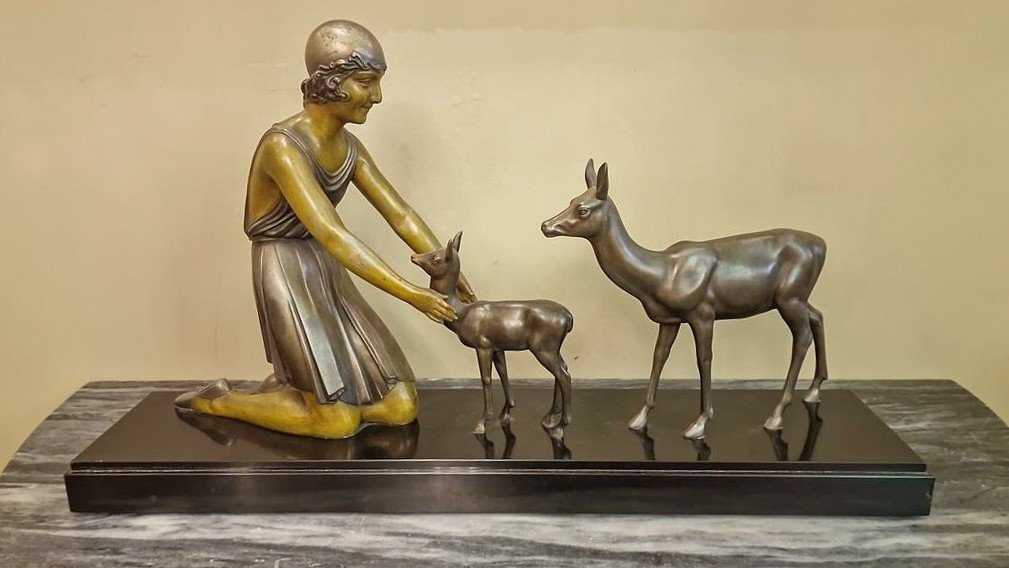 Chiparus Déméter H (1886-1947) Groupe Sculptural Art Deco  1920  Femme A La Biche Et Au Faon 