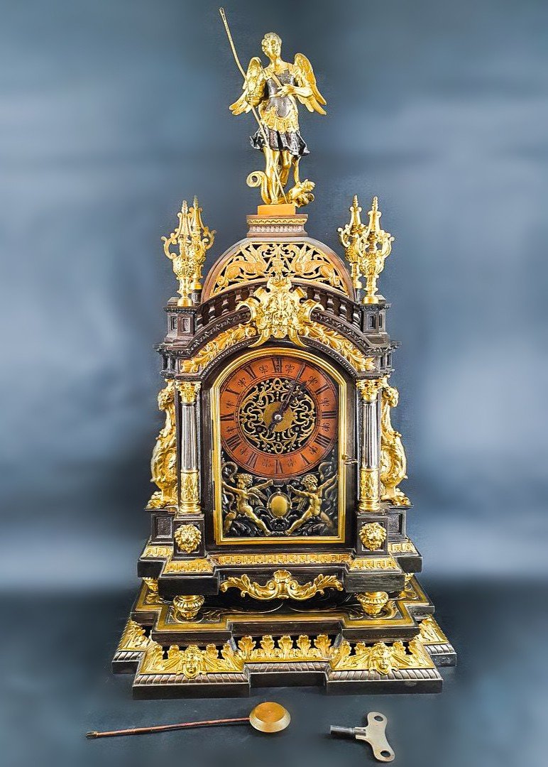 Important Lerollé Fréres Clock With Saint Michael Archangel, Putti Napoleon III Period 19th
