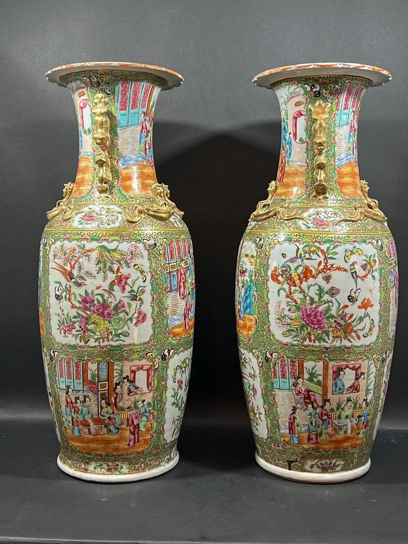 Paire De Grand Vases En Porcelaine Polychrome, Canton Période Guangxu 1875-1908 Rose Medaillon-photo-4