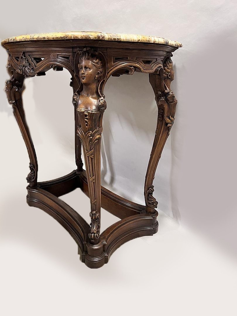 Elégante Table violonée Napoléon III , noyer sculpté, pieds courbés, marbre beige Rome Impérial-photo-2