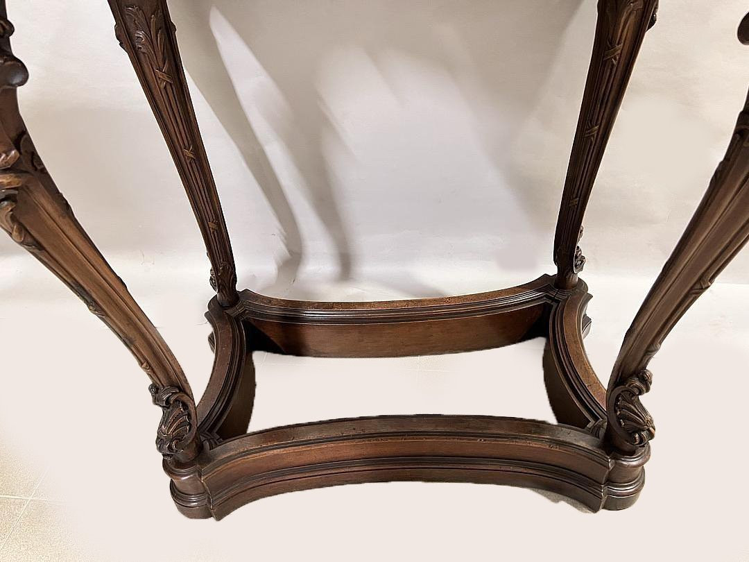 Elégante Table violonée Napoléon III , noyer sculpté, pieds courbés, marbre beige Rome Impérial-photo-4