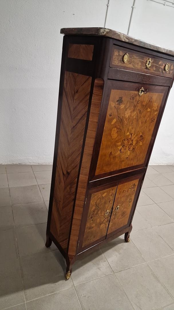 Petit secrétaire Louis XVI en marqueterie, abattant, tiroirs intérieurs, marbre restauré-photo-2