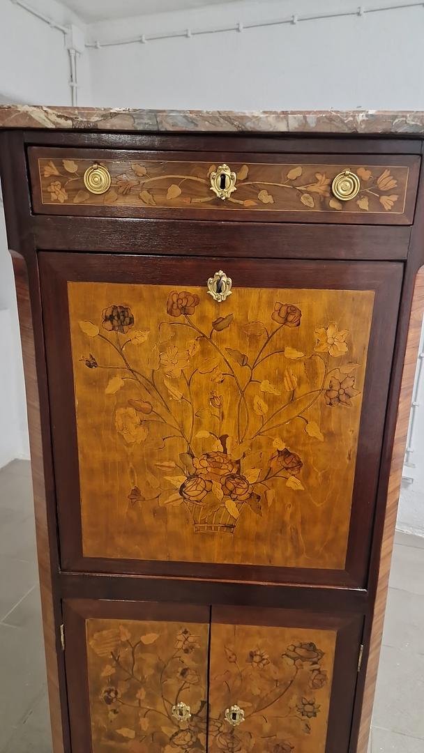 Petit secrétaire Louis XVI en marqueterie, abattant, tiroirs intérieurs, marbre restauré-photo-4