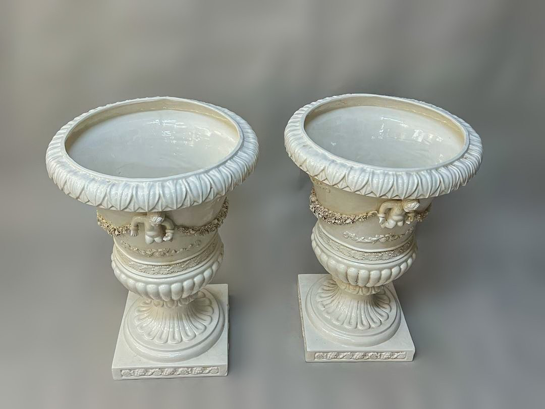 Superb Pair Of Large Italian Glazed Ceramic Urns, Italy Circa 1900-photo-3