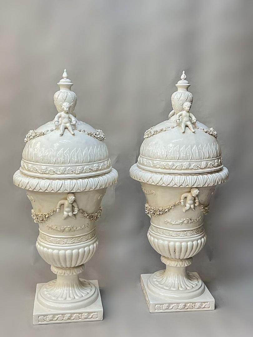 Superb Pair Of Large Italian Glazed Ceramic Urns, Italy Circa 1900-photo-5