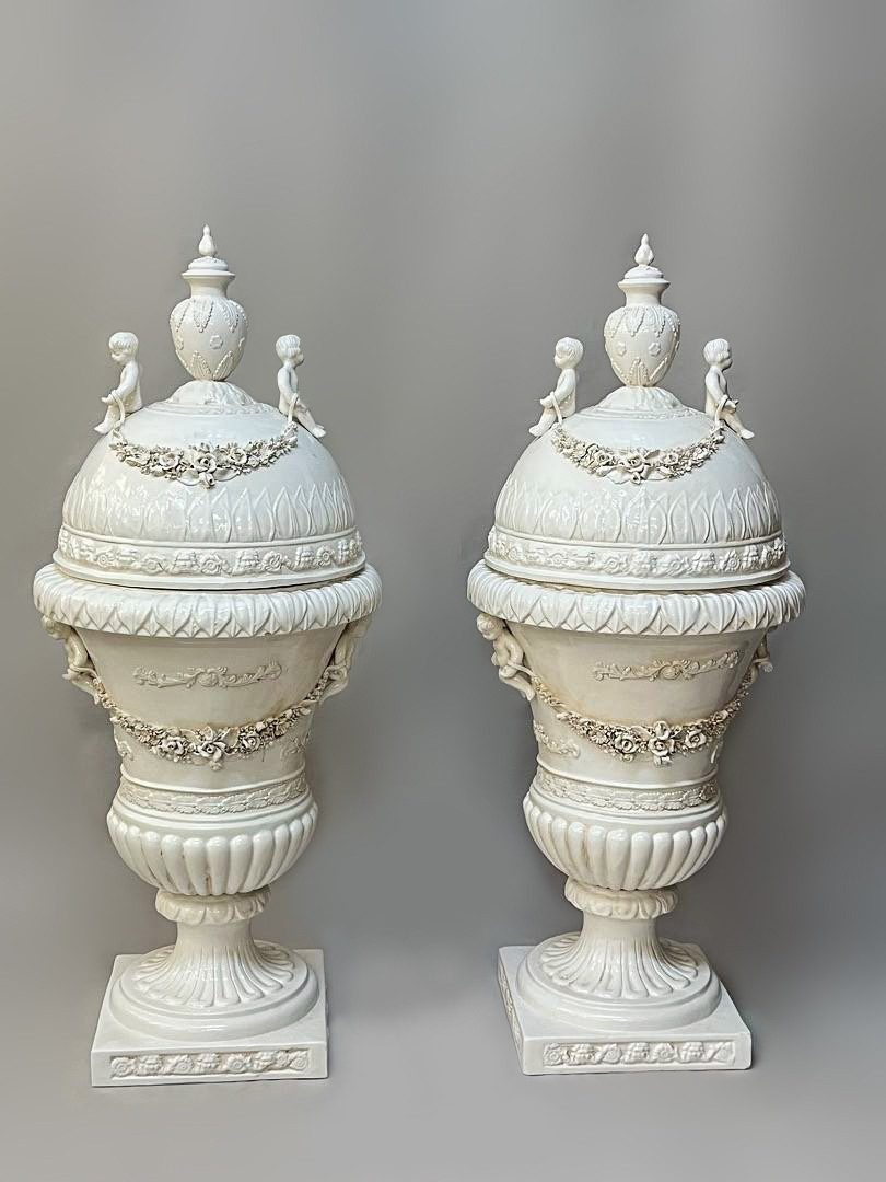 Superb Pair Of Large Italian Glazed Ceramic Urns, Italy Circa 1900