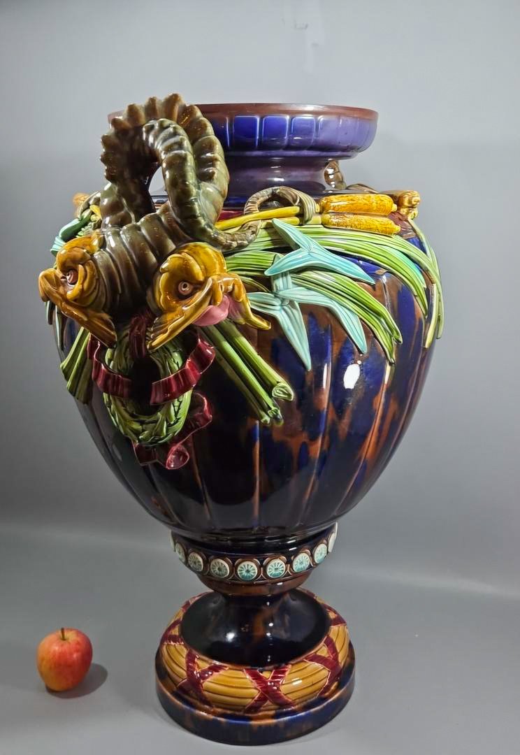 Grand Vase à Pied de Douche en Faïence de Sarreguemines – Majolica, fin du XIXᵉ siècle-photo-2