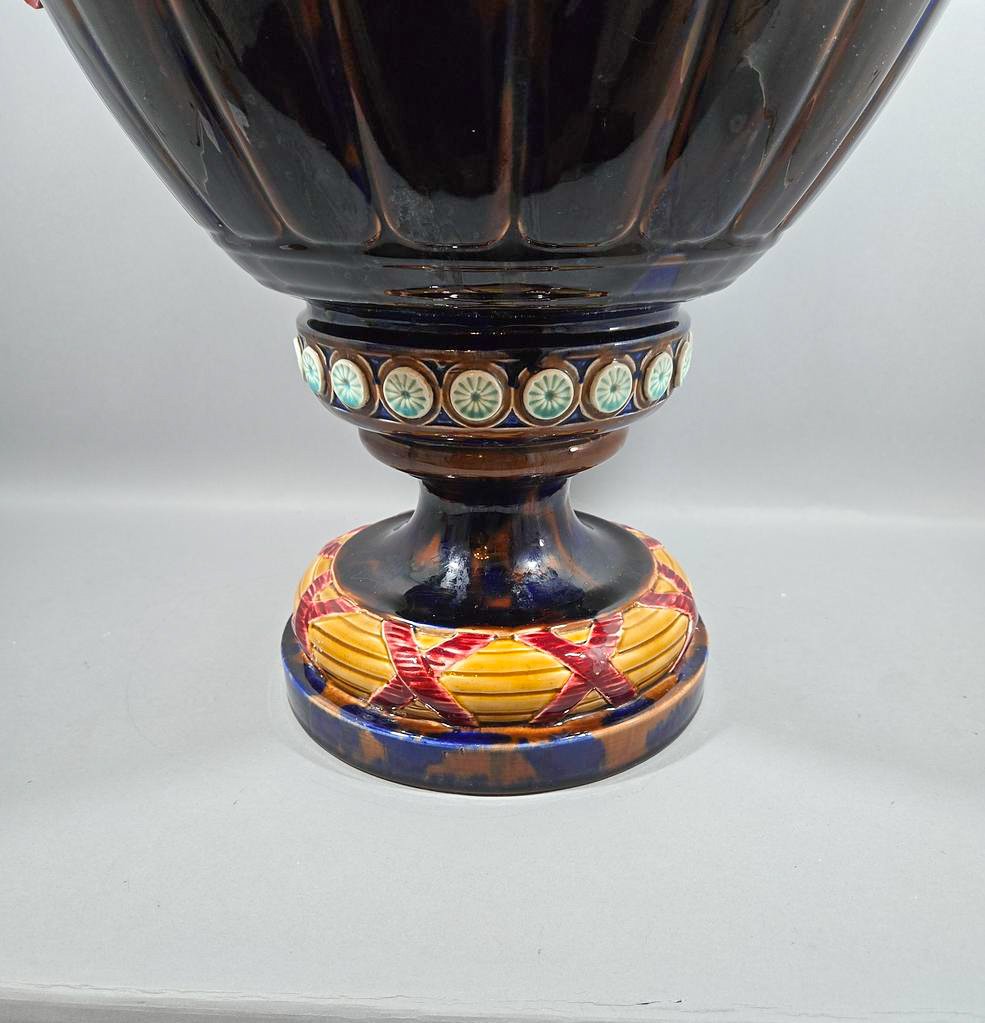 Grand Vase à Pied de Douche en Faïence de Sarreguemines – Majolica, fin du XIXᵉ siècle-photo-3