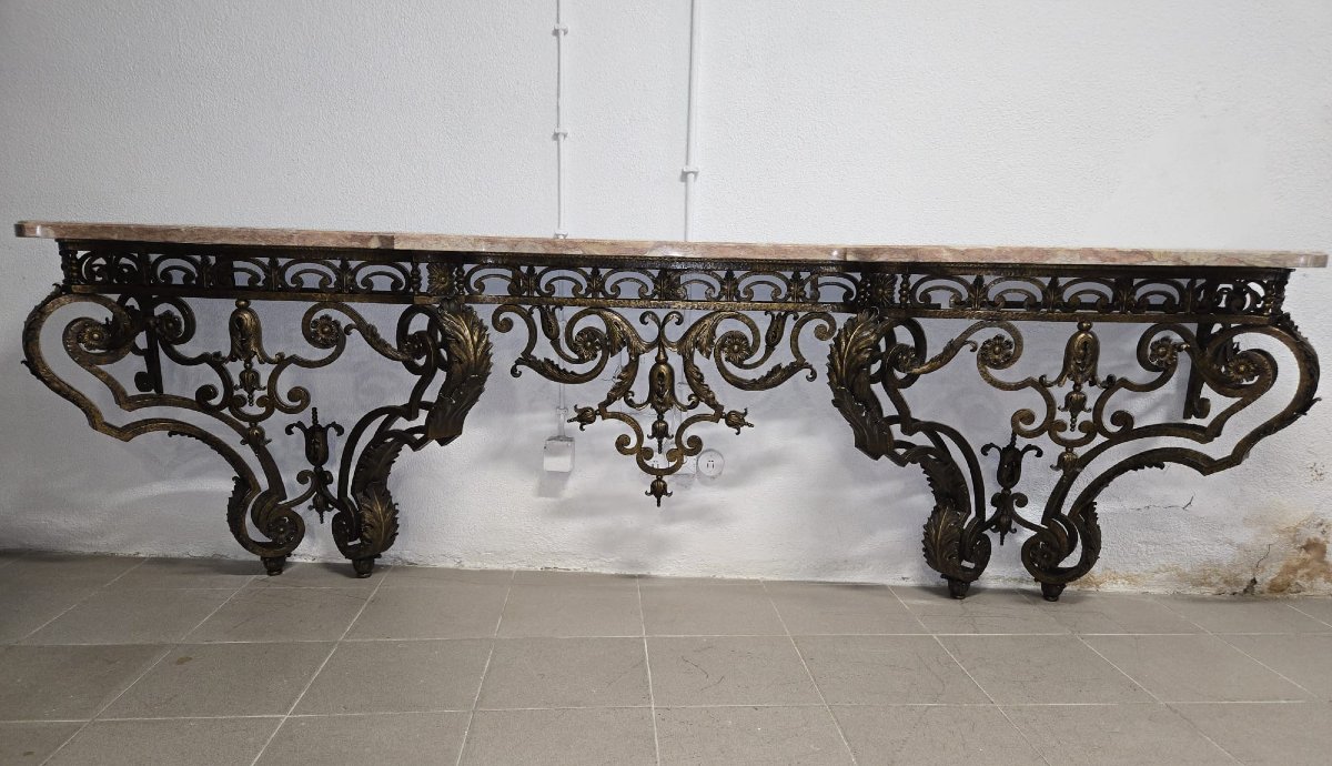 Large Gilt And Patinated Hammered Wrought Iron Console Table – Louis XV Style  Mid 19th Century-photo-3