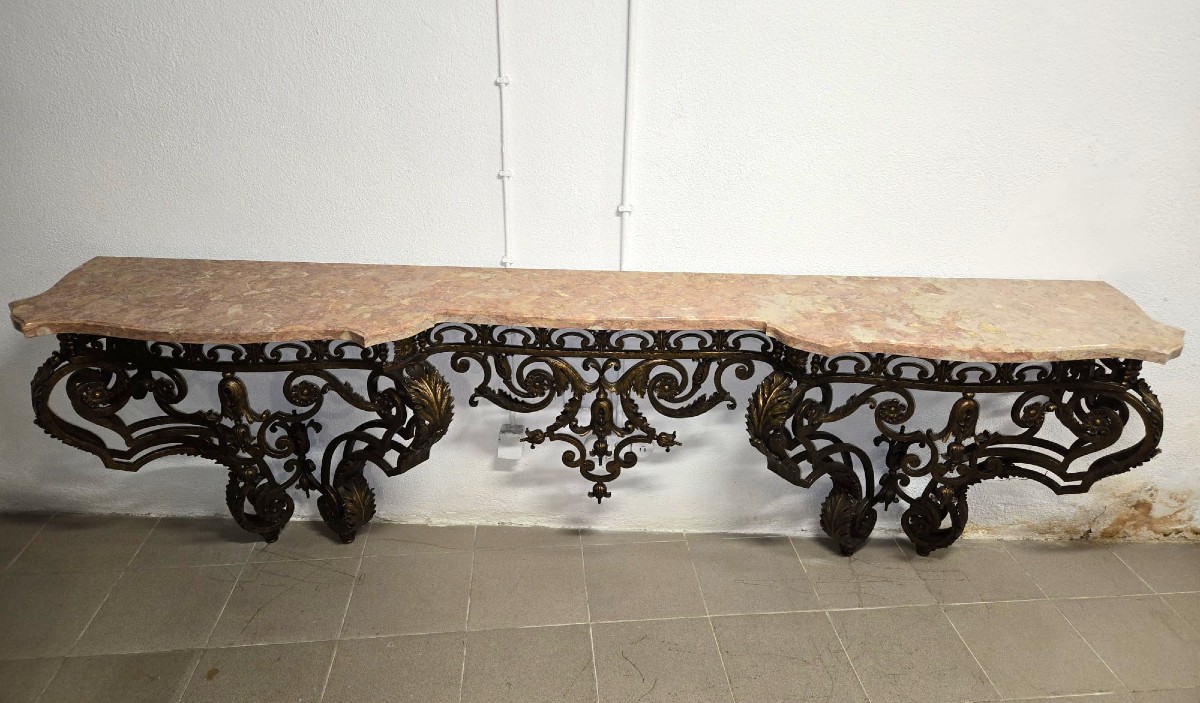 Large Gilt And Patinated Hammered Wrought Iron Console Table – Louis XV Style  Mid 19th Century