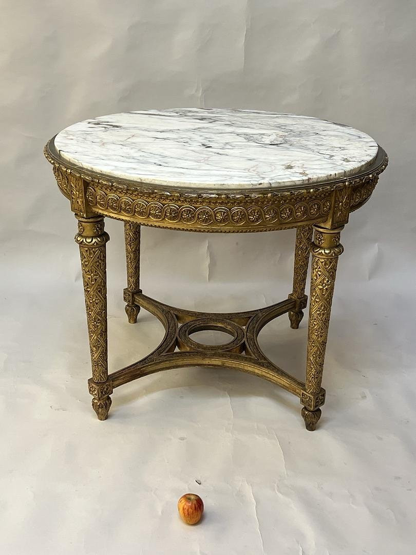 Grand Guéridon de Style Luis XVI , en bois sculpté doré , du 19 éme Siécle marbre blanc -photo-2