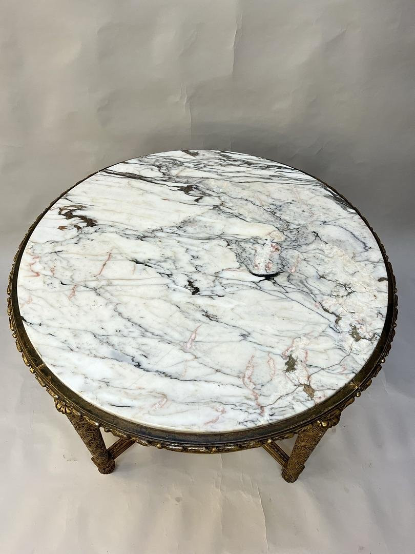 Grand Guéridon de Style Luis XVI , en bois sculpté doré , du 19 éme Siécle marbre blanc -photo-4