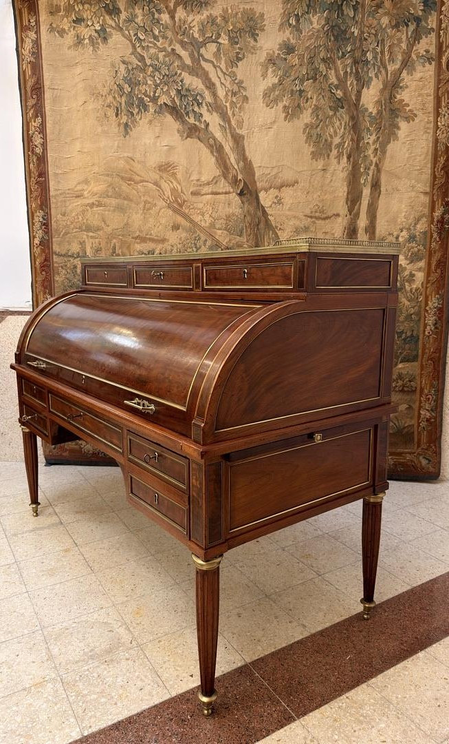 Louis XVI Cylinder Desk In Mahogany And Gilt Bronze, 19th Century-photo-4