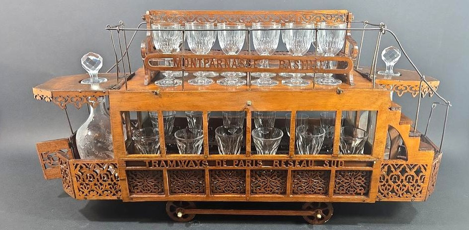 Parisian Tramway Liquor Cellar “réseau Sud Montparnasse-bastille” In Carved Wood, Circa 1920