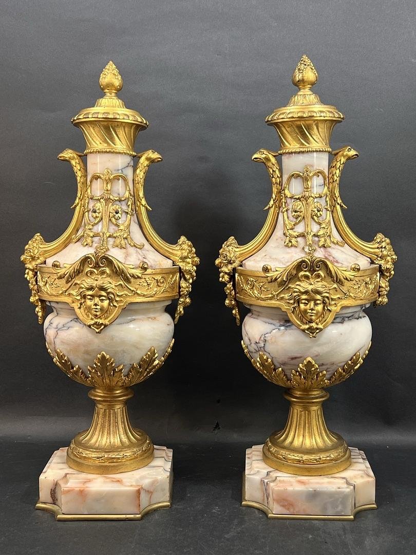 Pair Of Cassolettes Vases, Louis XVI Style, Breccia Marble And Gilded Bronze, France, 19th Century