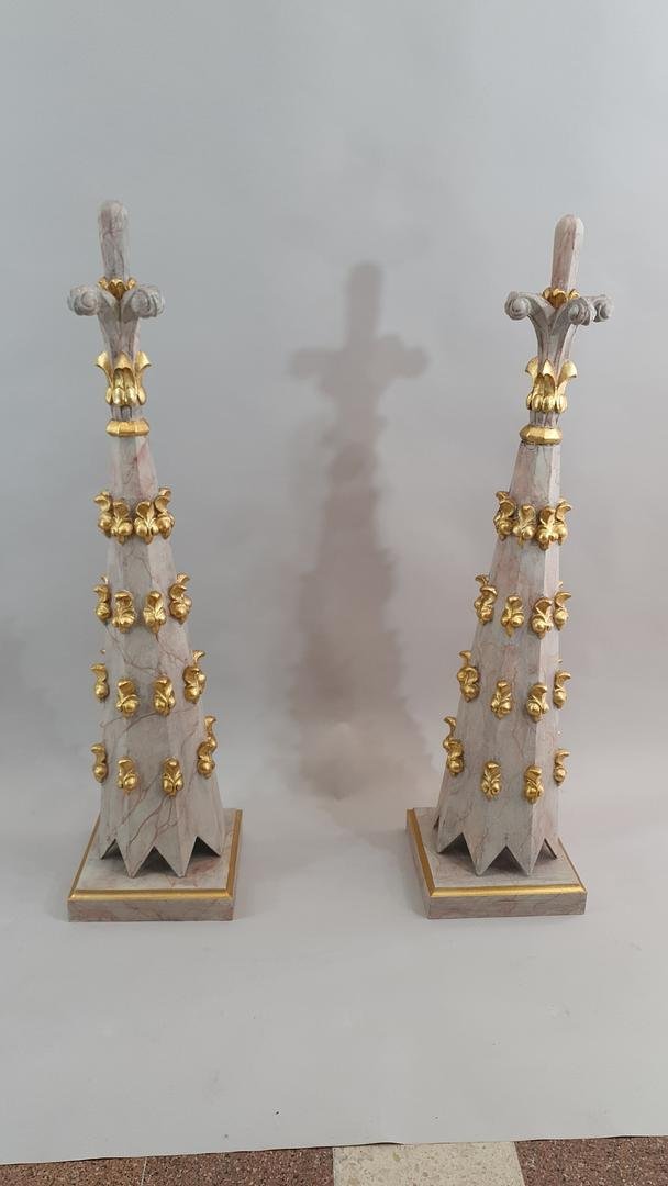 Pair Of Carved And Marbled Wooden Altar Pinnacles / Obelisks – Portugal, 18th/19th Century-photo-3