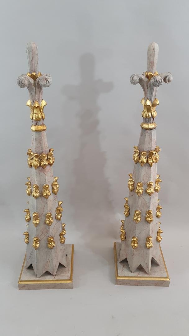 Pair Of Carved And Marbled Wooden Altar Pinnacles / Obelisks – Portugal, 18th/19th Century