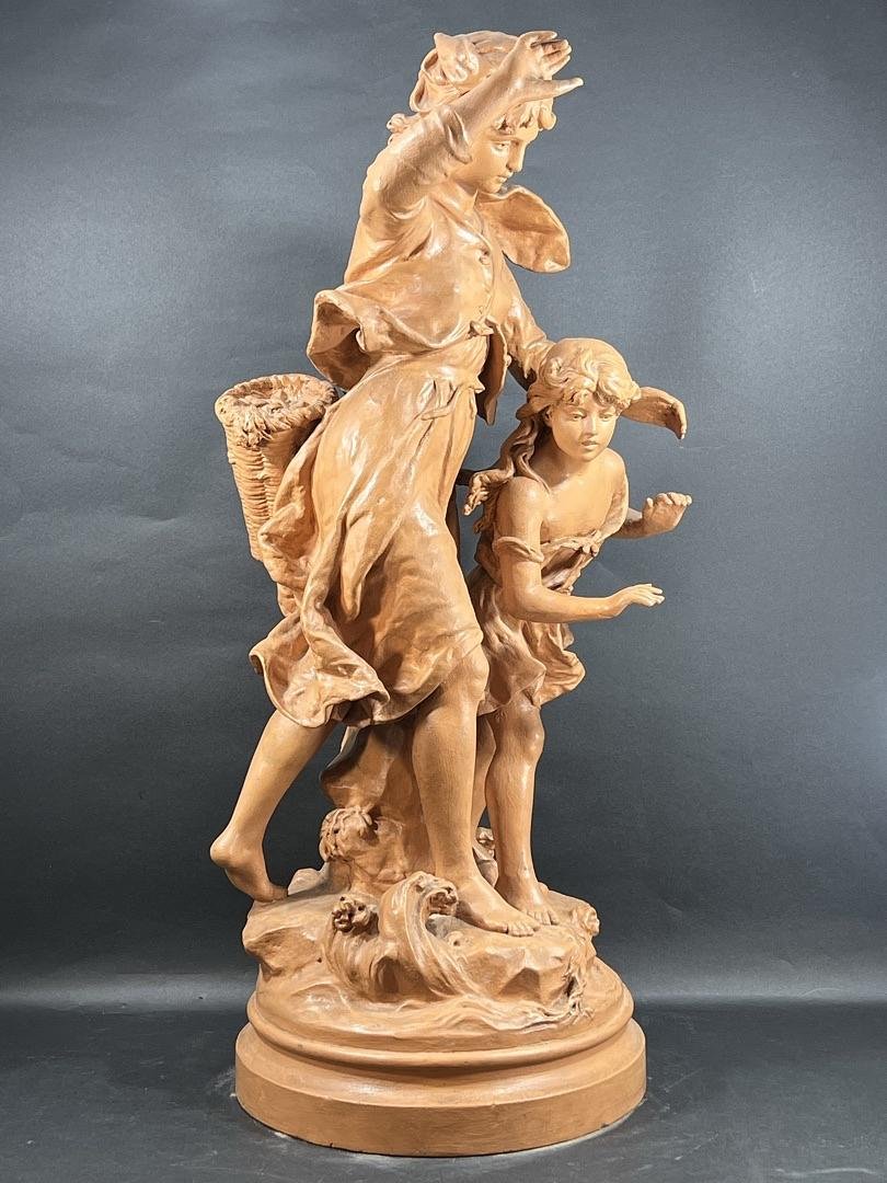 Hippolyte François Moreau (1832 - 1927) Large Terracotta Sculpture "the Shell Gatherers"-photo-2