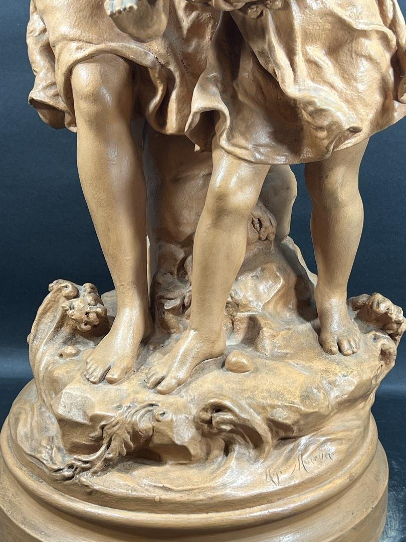 Hippolyte François Moreau (1832 - 1927) Large Terracotta Sculpture "the Shell Gatherers"-photo-2