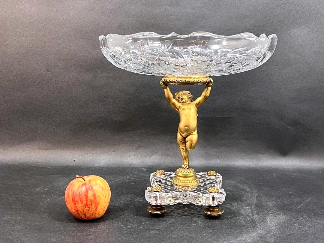 Fruit Bowl In Cut Crystal And Gilded Bronze, Signed Baccarat , Late 19th Century-photo-2