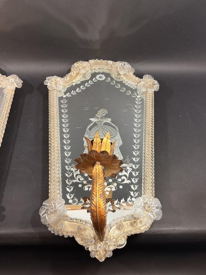 Pair Of Venetian Wall Sconces With Murano Glass Mirrors – Italy, Circa 1930-photo-2