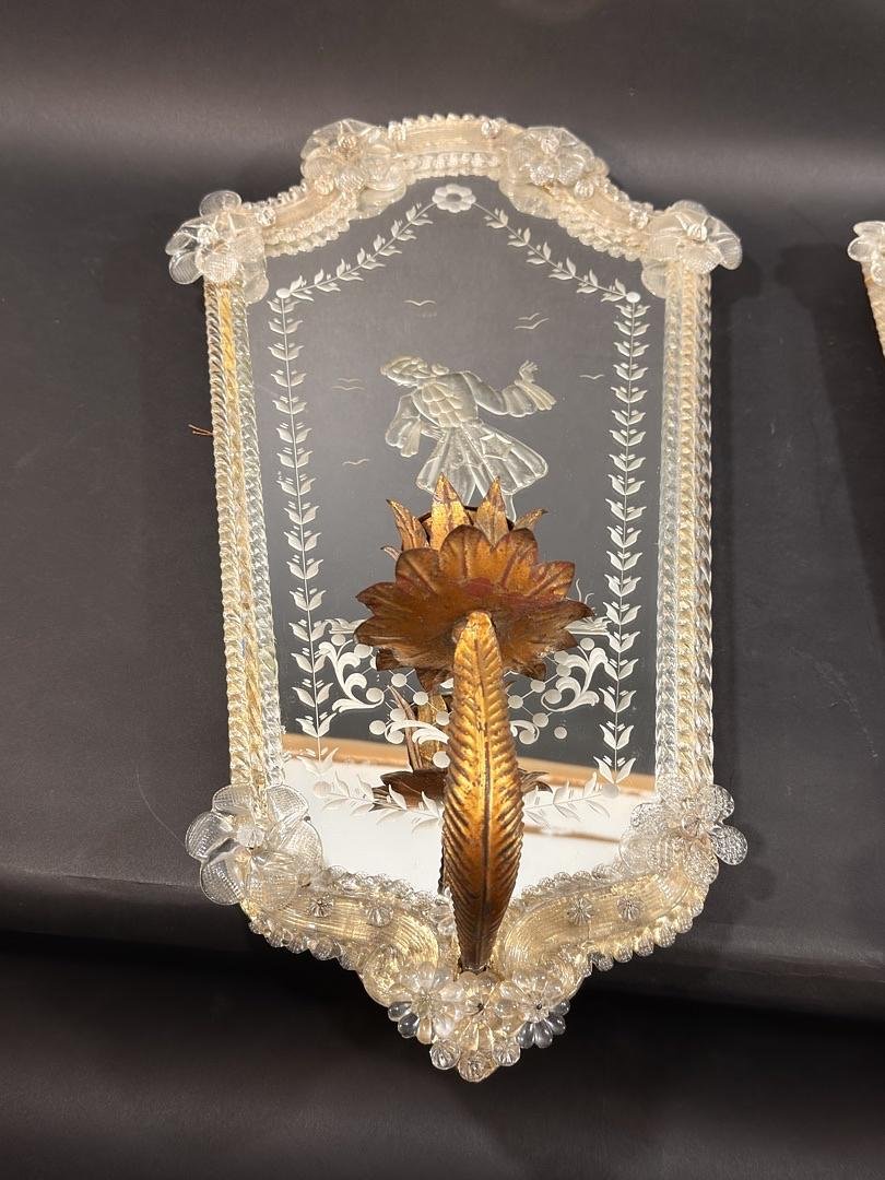 Pair Of Venetian Wall Sconces With Murano Glass Mirrors – Italy, Circa 1930-photo-3