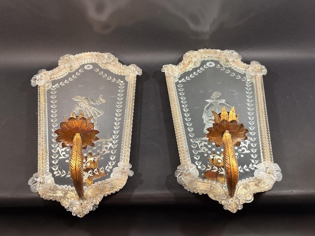 Pair Of Venetian Wall Sconces With Murano Glass Mirrors – Italy, Circa 1930