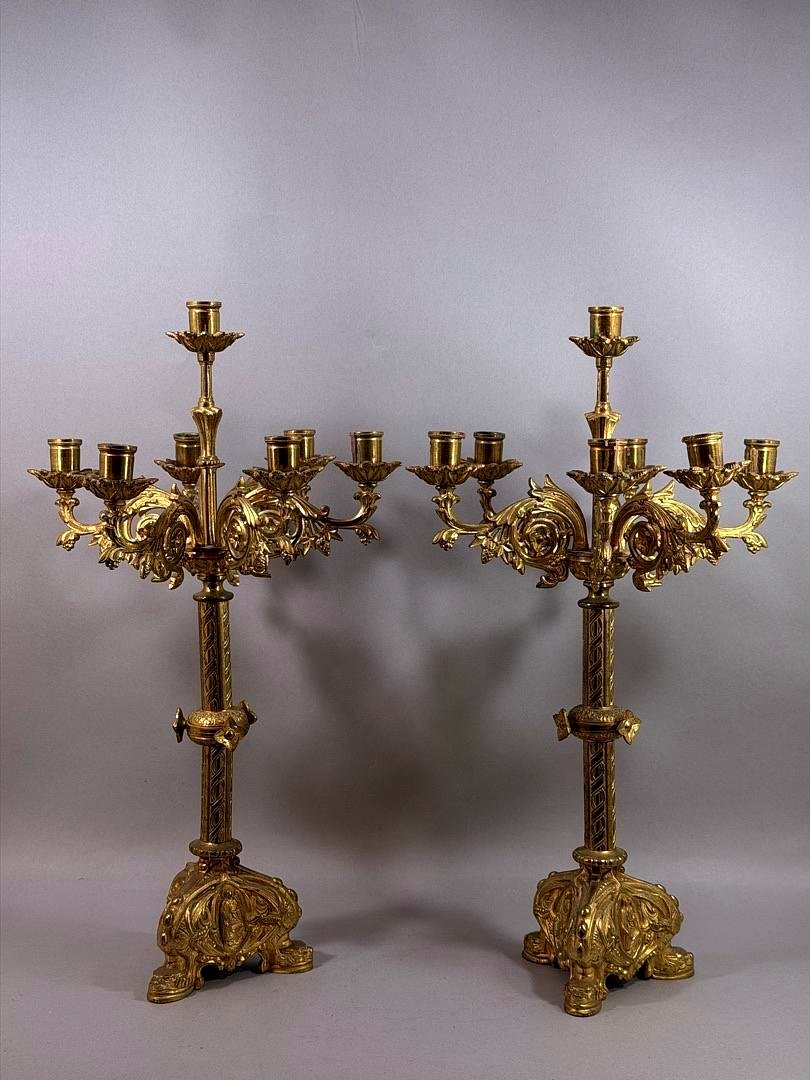 Pair Of Six-light Gilt Bronze Neo-gothic Style Candelabra – France, 19th Century-photo-2