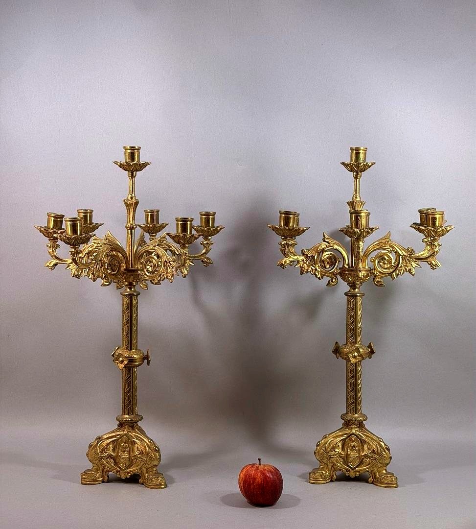 Pair Of Six-light Gilt Bronze Neo-gothic Style Candelabra – France, 19th Century-photo-3