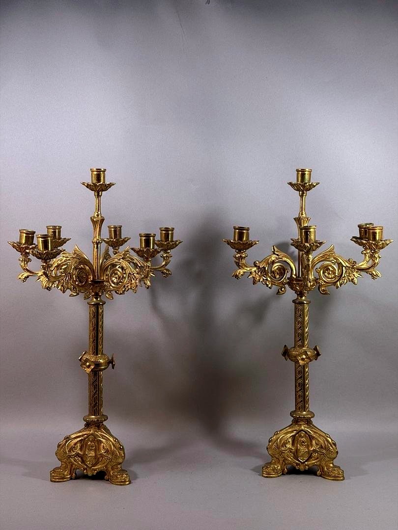 Pair Of Six-light Gilt Bronze Neo-gothic Style Candelabra – France, 19th Century-photo-4