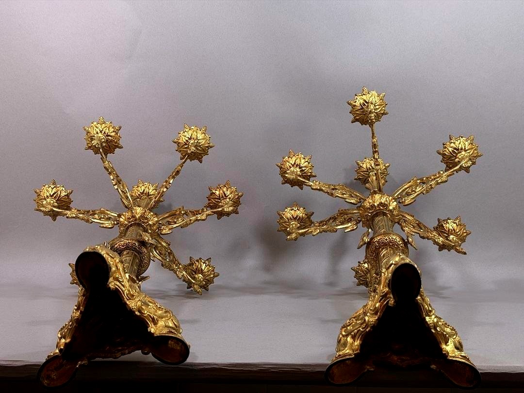 Pair Of Six-light Gilt Bronze Neo-gothic Style Candelabra – France, 19th Century-photo-1