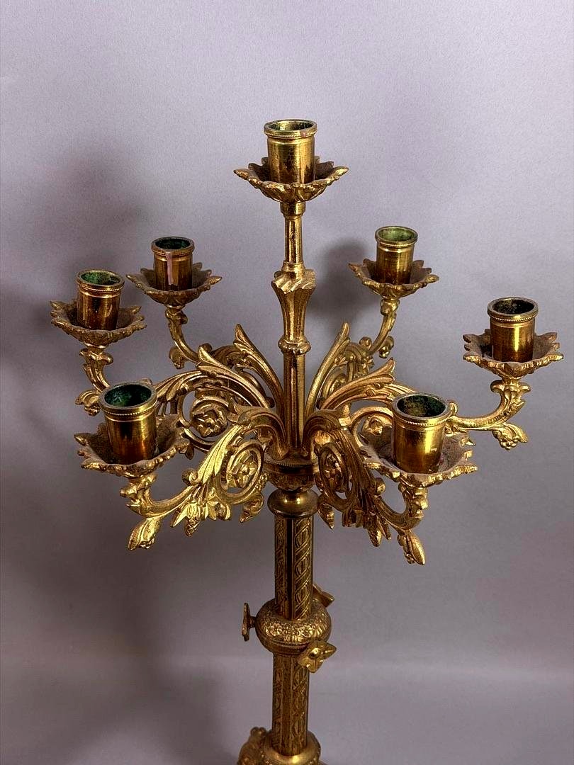 Pair Of Six-light Gilt Bronze Neo-gothic Style Candelabra – France, 19th Century-photo-6
