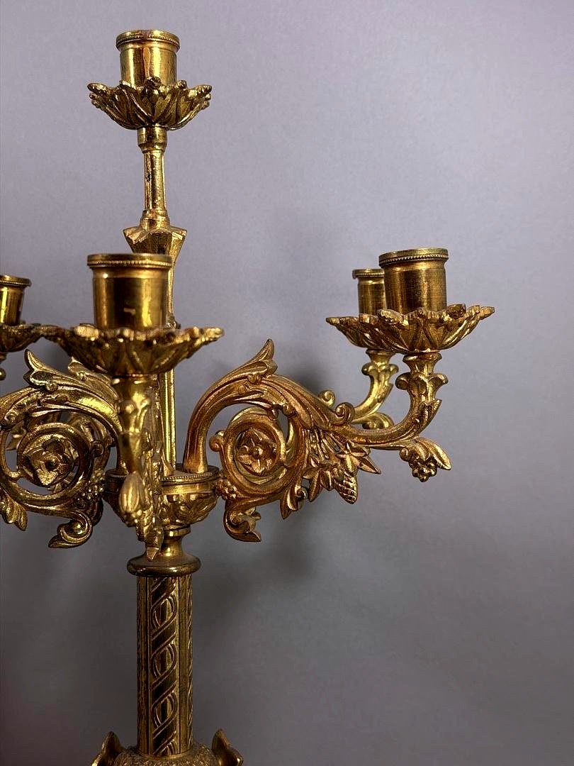 Pair Of Six-light Gilt Bronze Neo-gothic Style Candelabra – France, 19th Century-photo-7