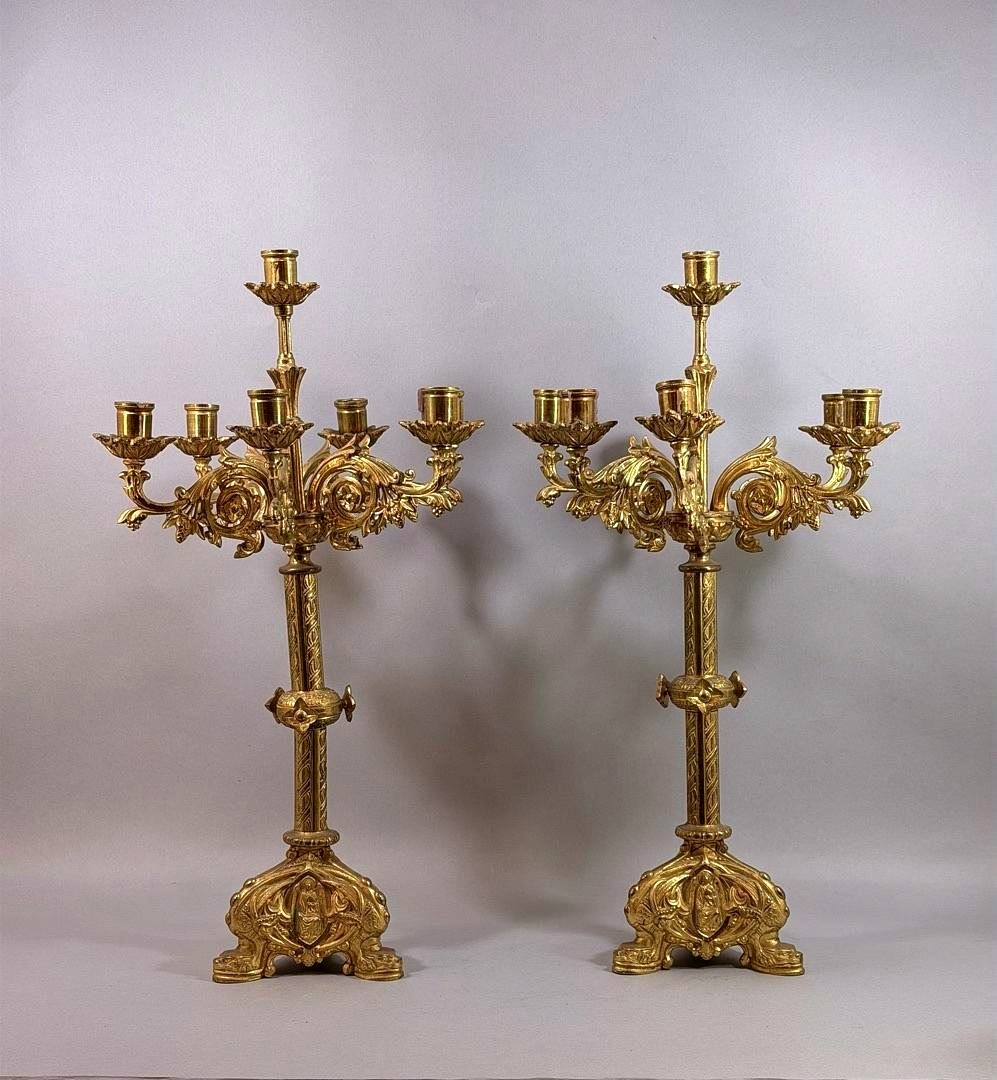 Pair Of Six-light Gilt Bronze Neo-gothic Style Candelabra – France, 19th Century