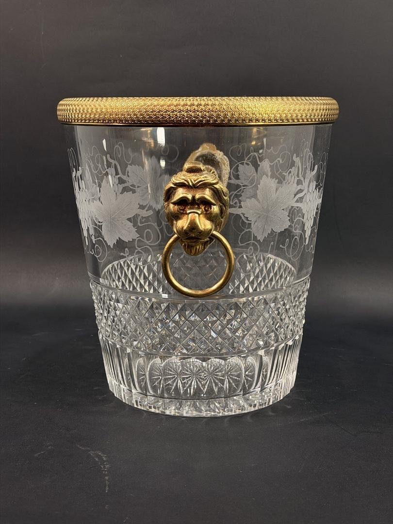 Saint-louis, Cut And Engraved Crystal Champagne Bucket, Grape And Leaf Decoration, 20th Century-photo-4
