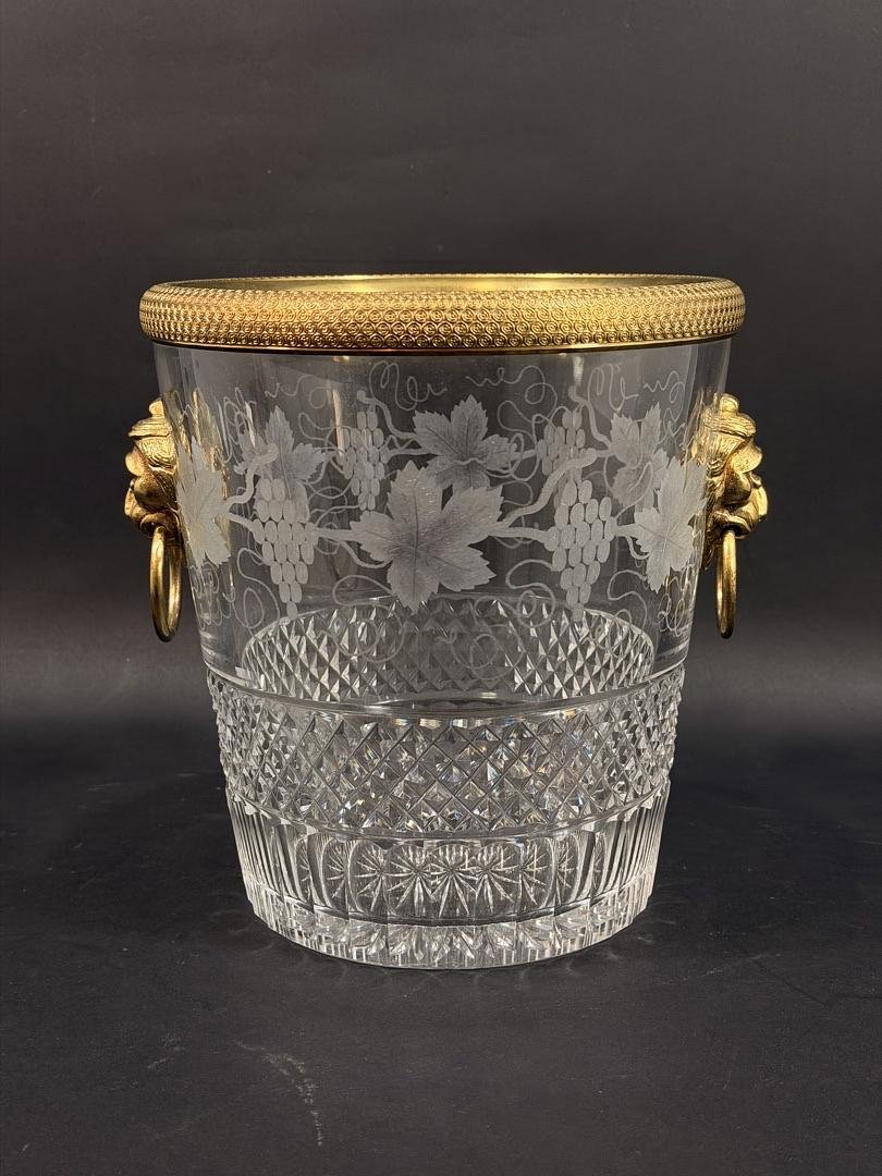 Saint-louis, Cut And Engraved Crystal Champagne Bucket, Grape And Leaf Decoration, 20th Century-photo-1