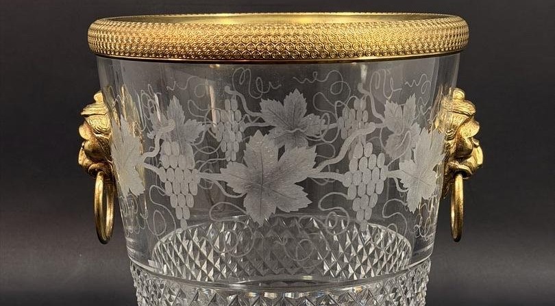 Saint-louis, Cut And Engraved Crystal Champagne Bucket, Grape And Leaf Decoration, 20th Century-photo-5