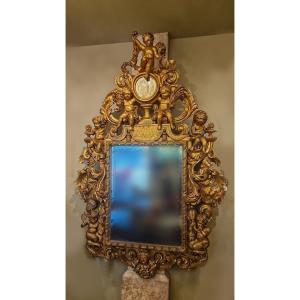 Important Miroir En Bois Doré Aux Puttis Des Quatre Saisons, Italie XVIII éme