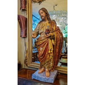 Large Statue Of The Sacred Heart Of Jesus In Polychrome Wood, Early 19th Century, Portugal